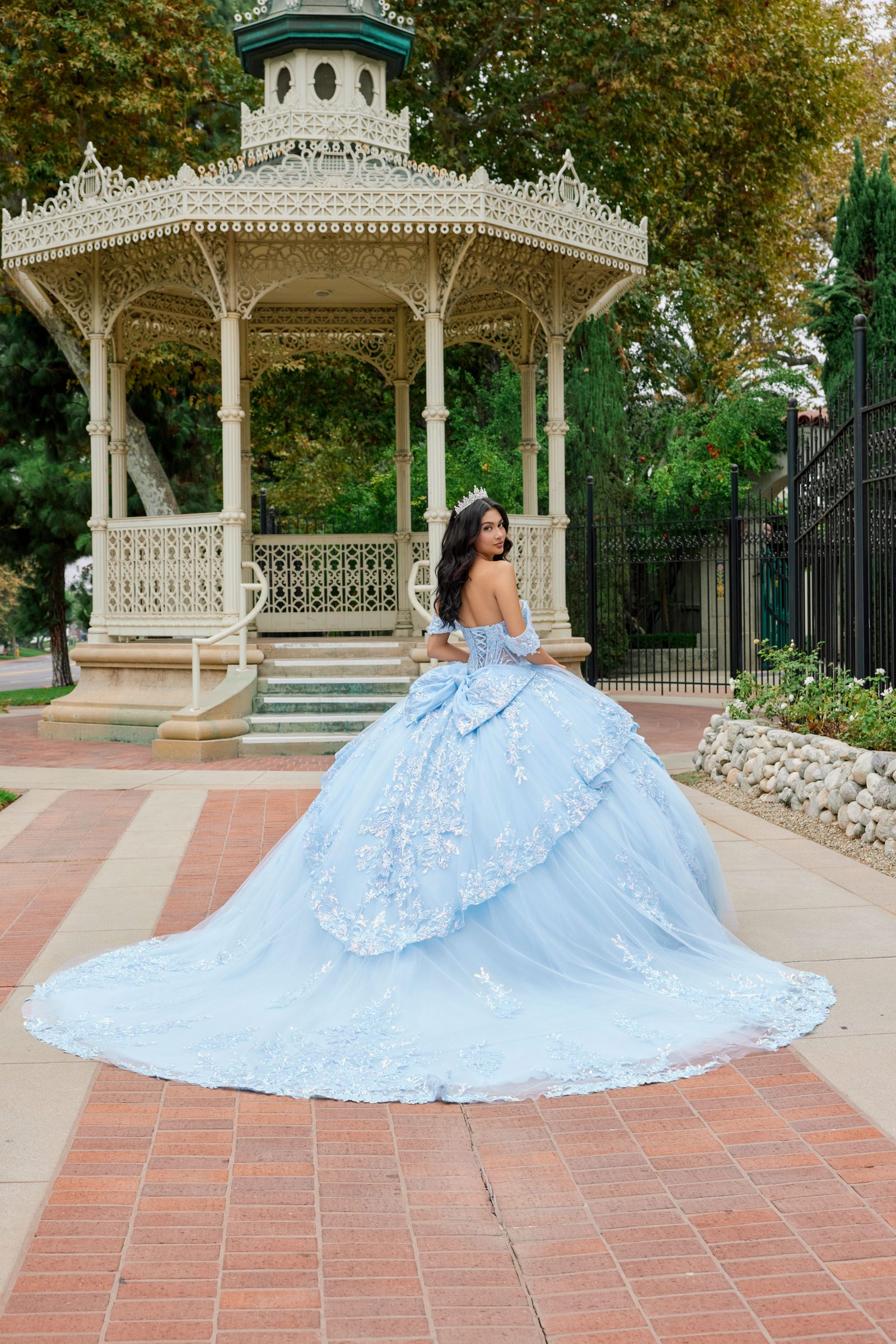 Juliet bahama blue formal dress Style 1498J at Elizabeth's Boutique in Scranton PA, back view