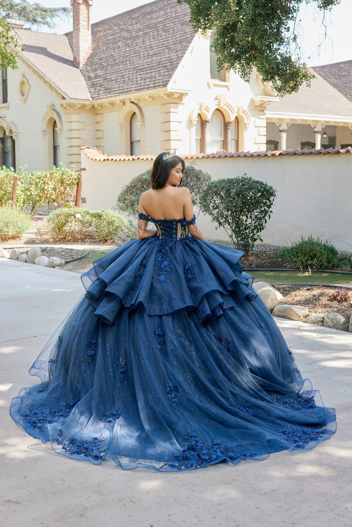 Juliet navy blue formal dress Style 1501J at Elizabeth's Boutique in Scranton PA, back view
