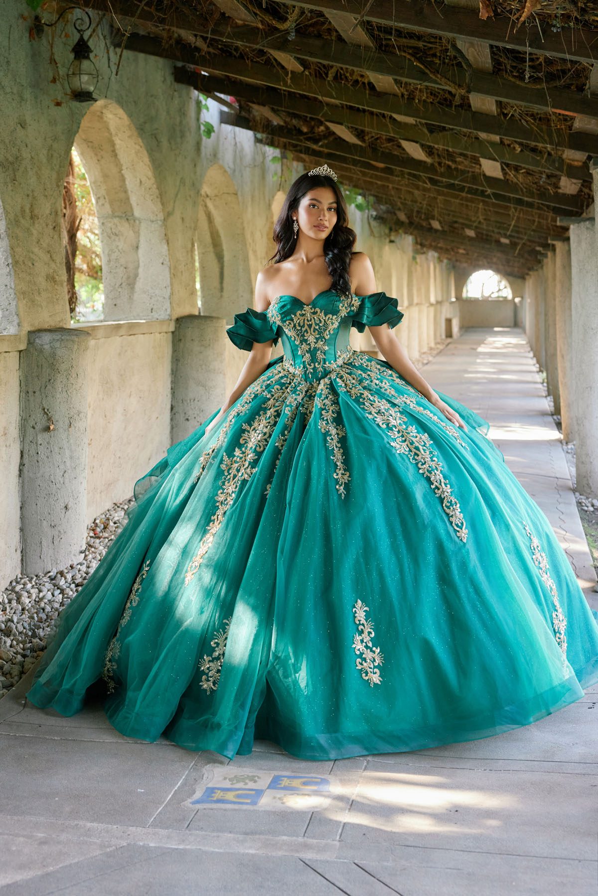 Juliet green gold formal dress Style 1504J at Elizabeth's Boutique in Scranton PA, front view