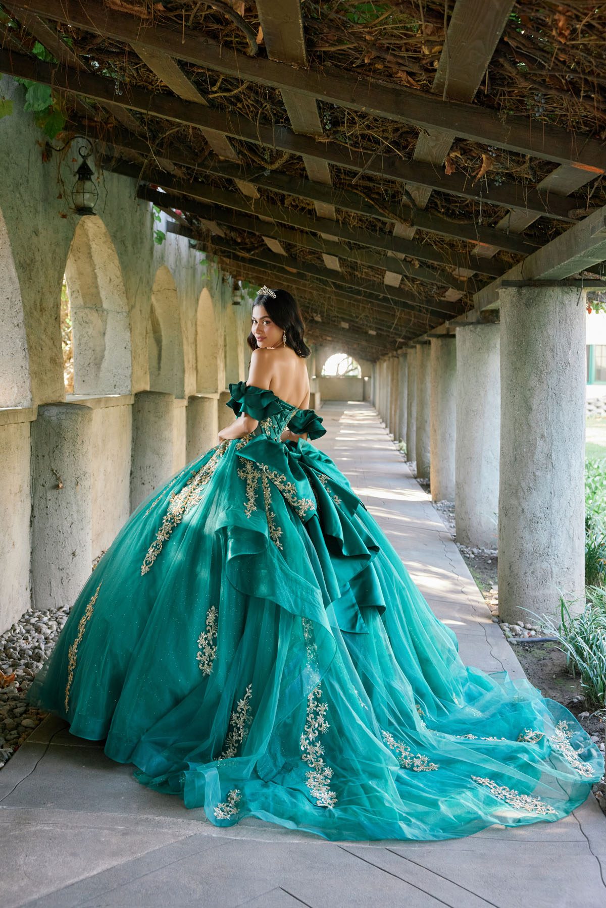 Juliet green gold formal dress Style 1504J at Elizabeth's Boutique in Scranton PA, back view
