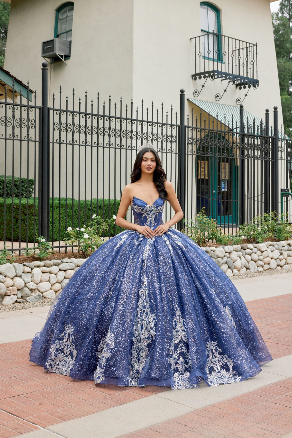 Juliet navy blue formal dress Style 1512H at Elizabeth's Boutique in Scranton PA, front view
